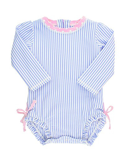 RuffleButts® Baby/Toddler Girls Long Sleeve One Piece Swimsuit - Blue Seersucker with UPF 50+ Sun Protection - 3T | Amazon (US)