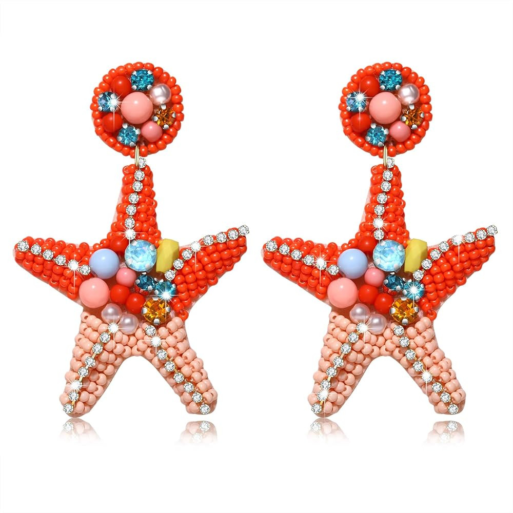 Beaded Starfish Earrings for Women Hypoallergenic Boho Cute Pearl Rhinestone Bead Starfish Dangle... | Amazon (US)