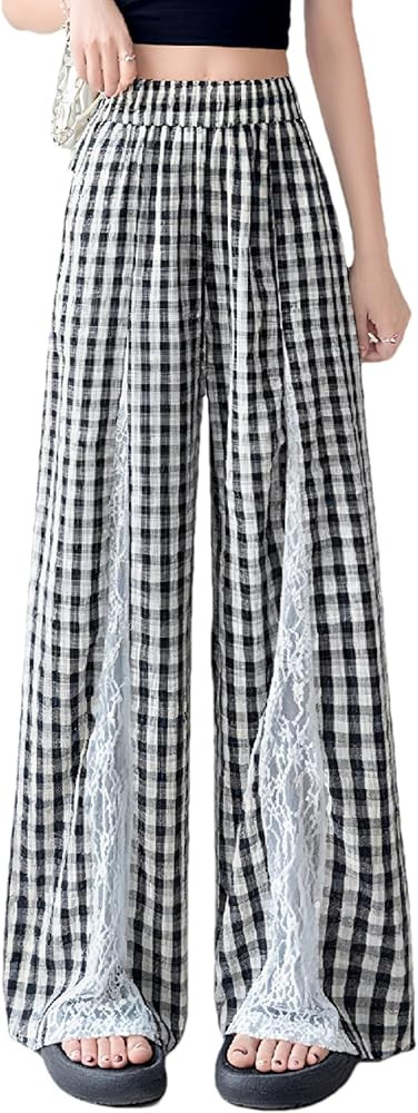 Womens Plaid Wide Leg Pants Lace Patchwork Gingham Pants High Waist Palazzo Lounge Trousers with ... | Amazon (US)