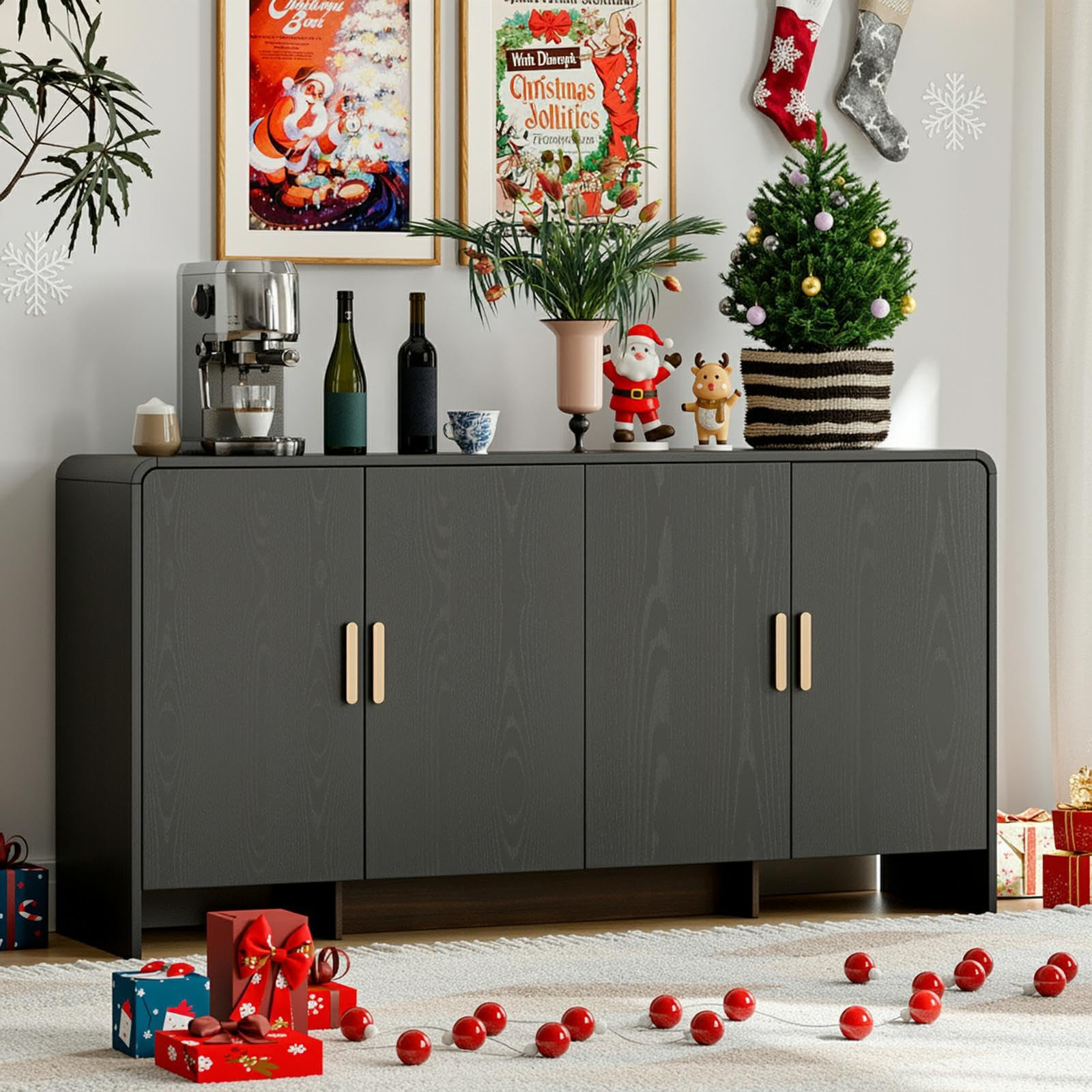 ONBRILL 60" Sideboard Buffet Cabinet with Storage, Curved Design Farmhouse Coffee Bar Cabinet wit... | Amazon (US)