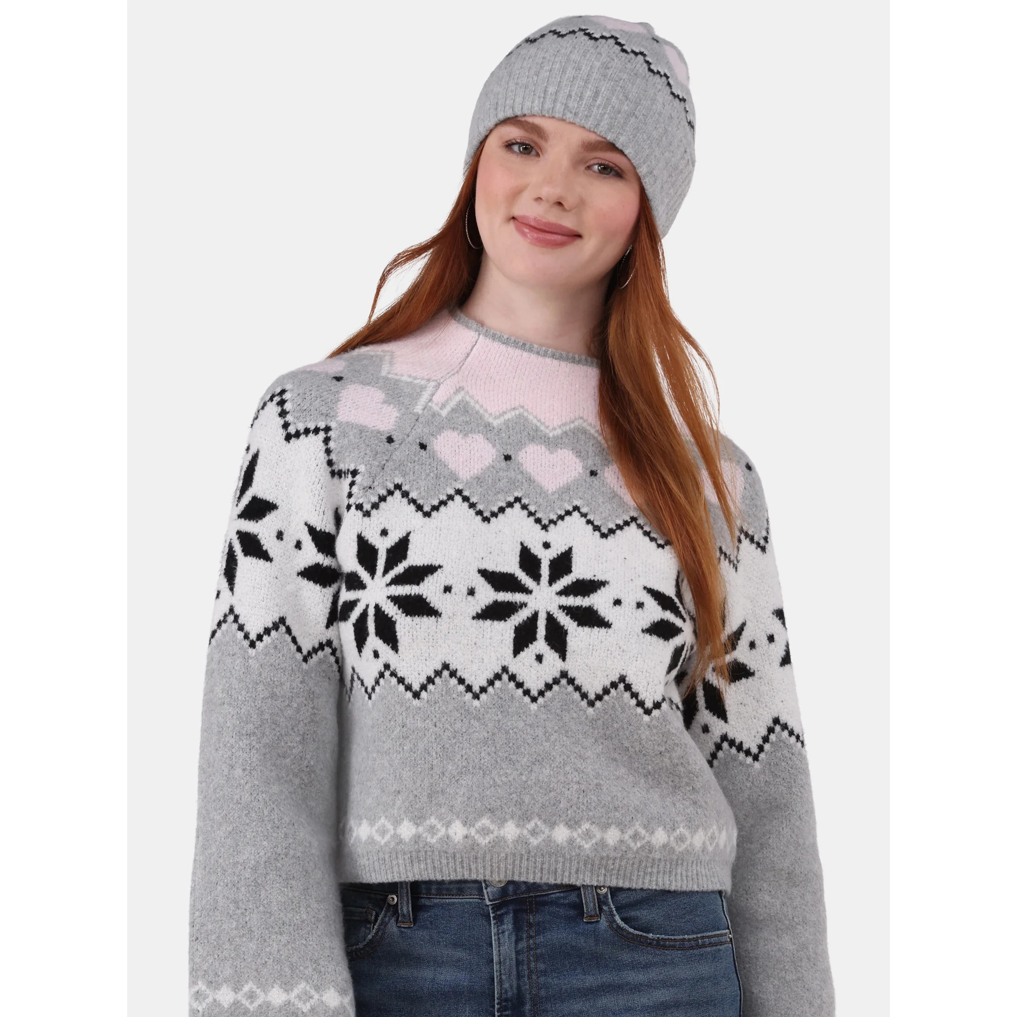 No Boundaries Fairisle Jacquard Pullover and Beanie Set, 2-Piece, Women's and Women’s Plus - Wa... | Walmart (US)