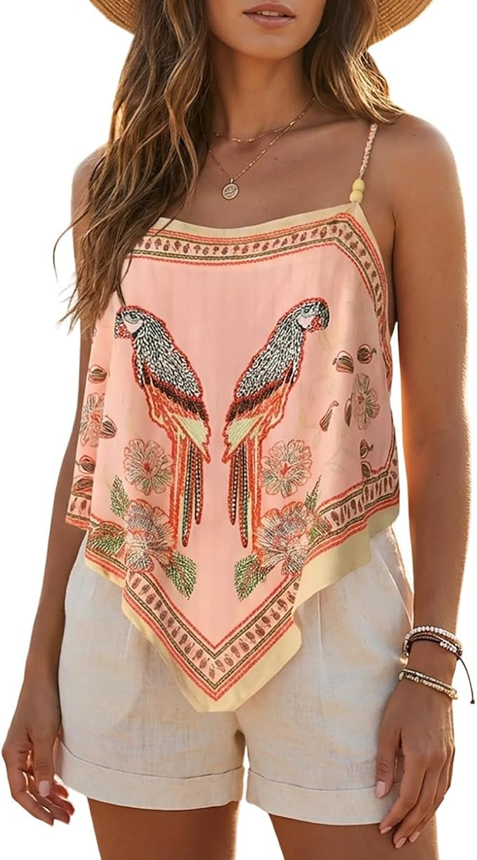 CHICME Tropical Tops for Women Parrot Floral Print Cami Top Beaded Spaghetti Strap Boho Vacation ... | Amazon (US)