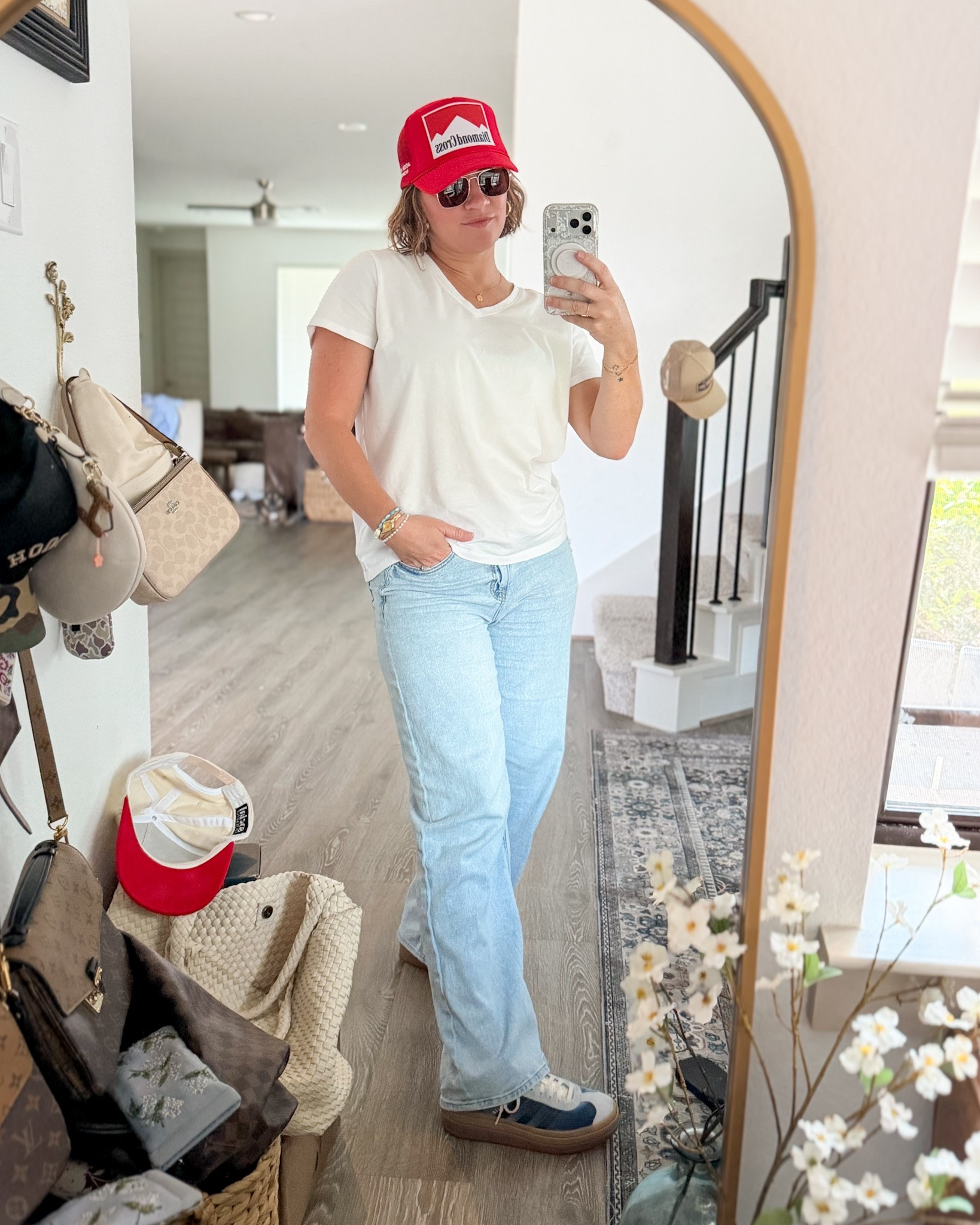 Nothing like a #walmart white tee , sneakers and a hat… especially when it’s ❤️🤍💙
*grab a vneck tee in soo many colors! 
*jeans AE
*hat Diamond Cross