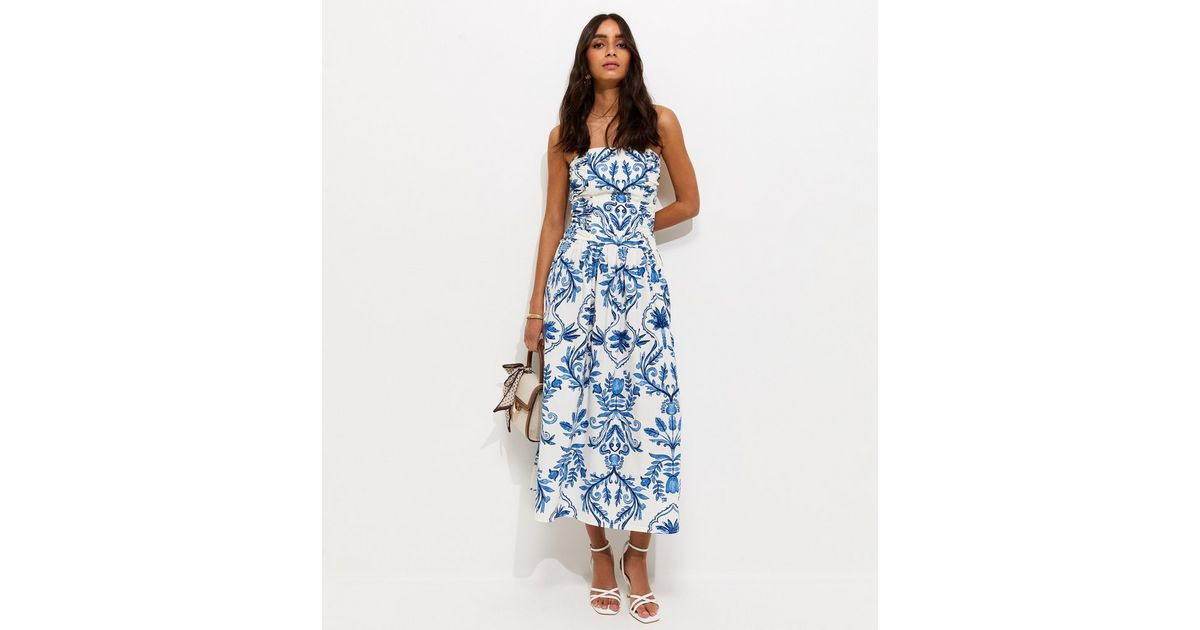 Blue Cotton Leaf Print Bandeau Midi Dress | New Look | New Look (UK)
