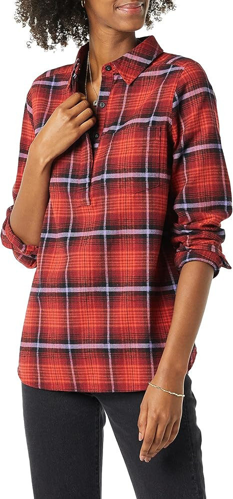 Goodthreads Women's Flannel Long Sleeve Relaxed Fit Half Placket Popover Shirt | Amazon (US)