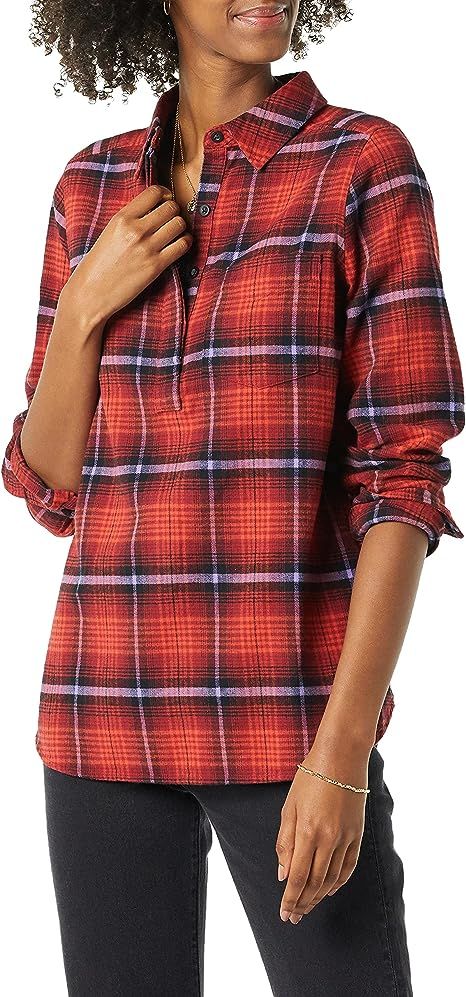 Goodthreads Women's Flannel Long Sleeve Relaxed Fit Half Placket Popover Shirt | Amazon (US)