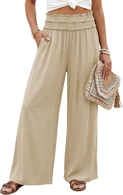 EVALESS Womens Palazzo Pants Summer Boho Wide Leg High Waisted Casual Lounge Flowy Pant 2026 Beac... | Amazon (US)