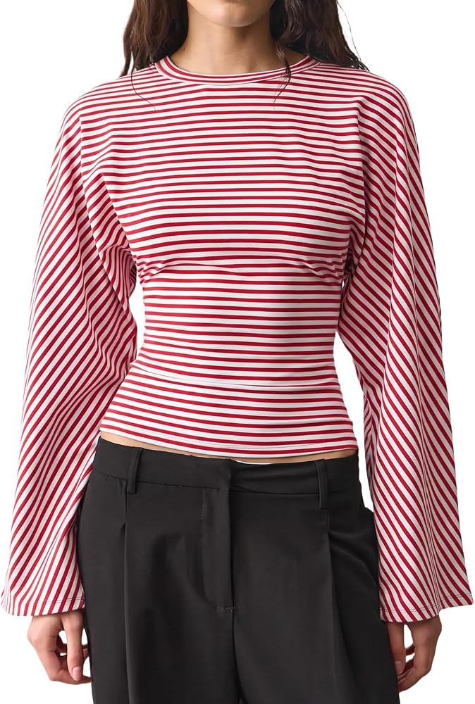 QINSEN Women's Crew Neck Long Sleeve Top Cinched Waist Stretch T Shirts | Amazon (US)