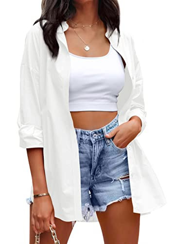 OMSJ Womens Dressy Button Down Shirts Casual Long Sleeve V Neck Candy Color Blouse Loose Fit Tops (Large, White) | Amazon (US)