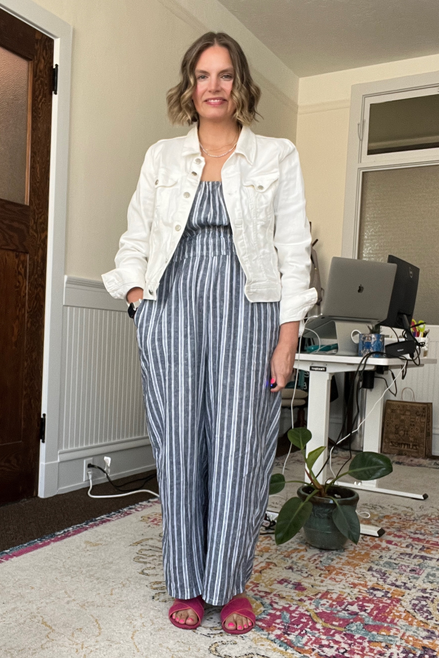 Outfit formula: jumpsuit, denim jacket and colorful shoes 

#LTKSeasonal #LTKcurves #LTKstyletip