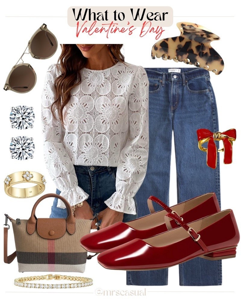 Classic Valentine’s vibes ❤️ Lace top, straight-leg jeans, and the prettiest red flats 