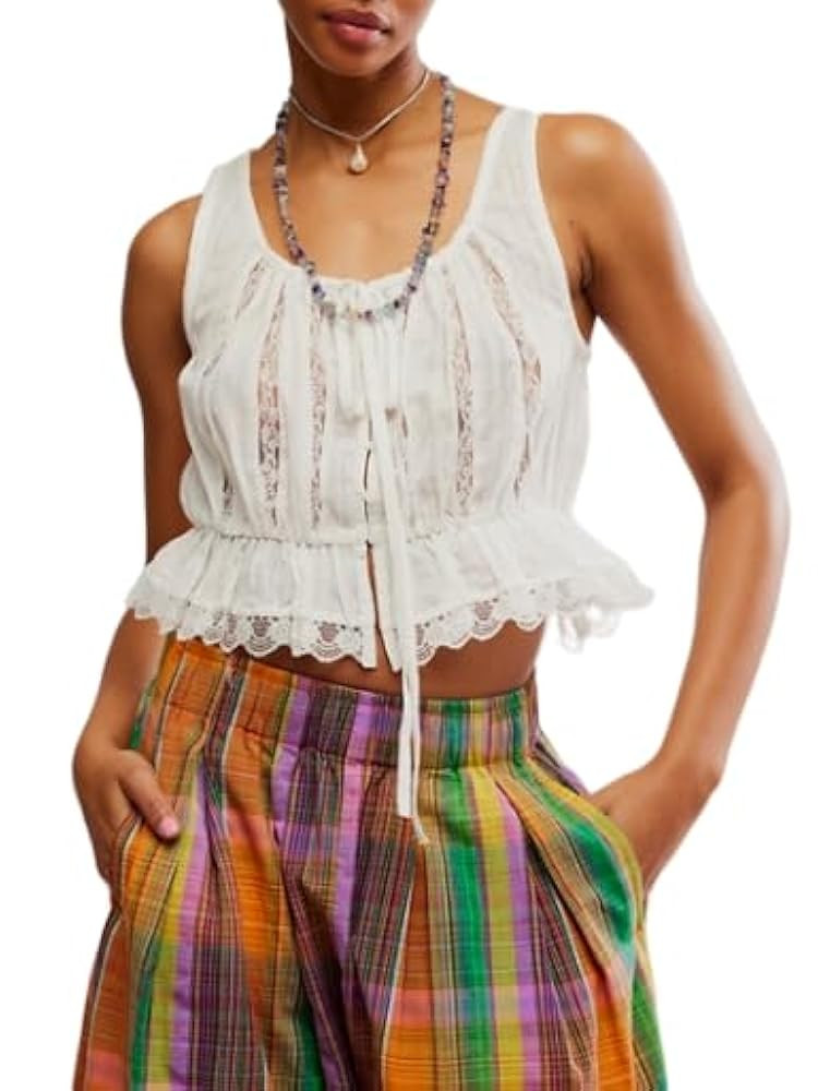 Y2k Front Tie Tank Top for Women Boho Sleeveless Ruffle Hem Crop Cami Tops Flowy Lace Trim Embroi... | Amazon (US)