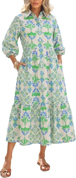 Floral Midi Dress for Women 3/4 Sleeve Cotton Button Up Collared Shirt Dress Flowy Ruffle Hem Spr... | Amazon (US)