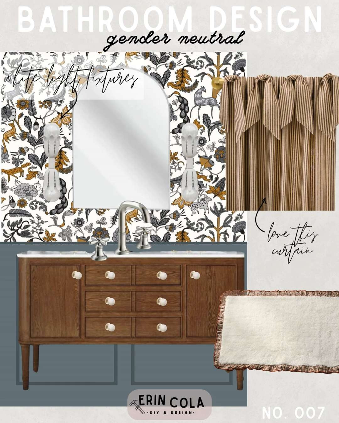 This gender-neutral bathroom design blends classic style with cozy, elevated details for a space that feels timeless and inviting. Warm wood tones, soft neutrals, and subtle pattern create balance without leaning too traditional or too modern. I love pairing standard curtains instead of a shower curtain—it’s an easy designer trick that instantly feels more high-end and allows the fabric to hang floor to ceiling for a custom look.

This gender-neutral bathroom design blends classic style with cozy, elevated details for a space that feels timeless and inviting. Warm wood tones, layered neutrals, and subtle pattern create balance without leaning too traditional or too modern. White and polished nickel fixtures add a touch of masculinity and cool contrast, helping ground the space against the warmth of the wood vanity, patterned wallpaper, and striped curtains.

I also love using standard curtains instead of a shower curtain—it’s a simple designer trick that instantly feels more high-end and allows the fabric to hang floor to ceiling for a custom, tailored look. You’ll find links here for the vanity, mirror, faucet, textiles, and decor. Wallpaper and wall sconce sources are linked on my blog at erincola.com under Mood Boards.

This bathroom mood board is perfect if you’re looking for gender-neutral bathroom ideas, neutral bathroom decor, timeless bathroom design, and affordable designer-inspired finds you can easily shop. 

 #LTKHome