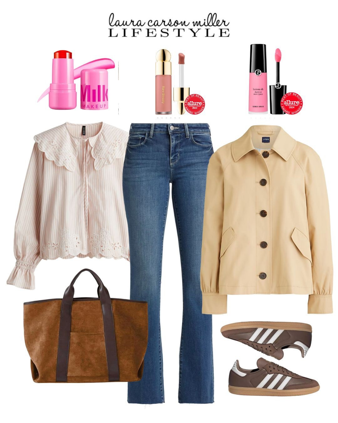 Embroidered blouse, high waist straight jeans, cropped trench jacket, adidas, tote, pink cheeks, peachy cheeks, beauty, makeup, spring outfit, vacation outfit, feminine blouse, Laura carson miller

#LTKMidsize #LTKFindsUnder50 #LTKBeauty