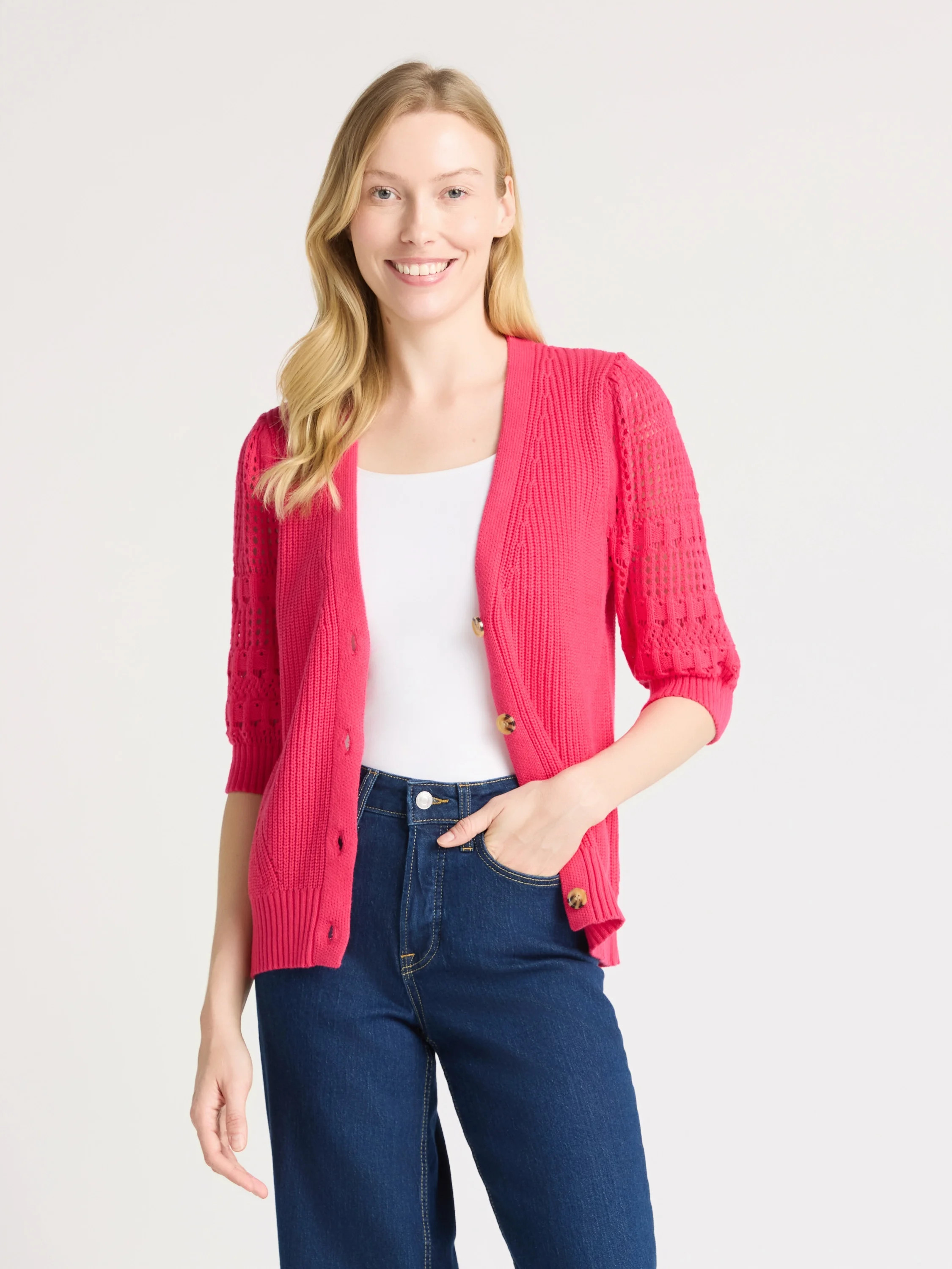 Time and Tru Women's Mixed Stitch Cardigan Sweater with Elbow Length Sleeves, Sizes XS-XXXL | Walmart (US)