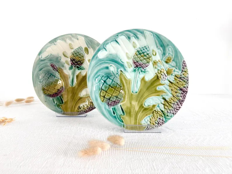 Majolica asparagus/artichoke plate, Keller & Gu\u00e9rin, Lun\u00e9ville, Majolica plate asparagu... | Etsy (Global)