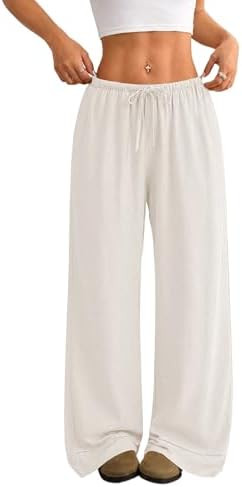 LOMON Women's Linen Pants Boho Wide Leg Summer Flowy Elastic Pants Lightweight Beach Vacation Out... | Amazon (US)