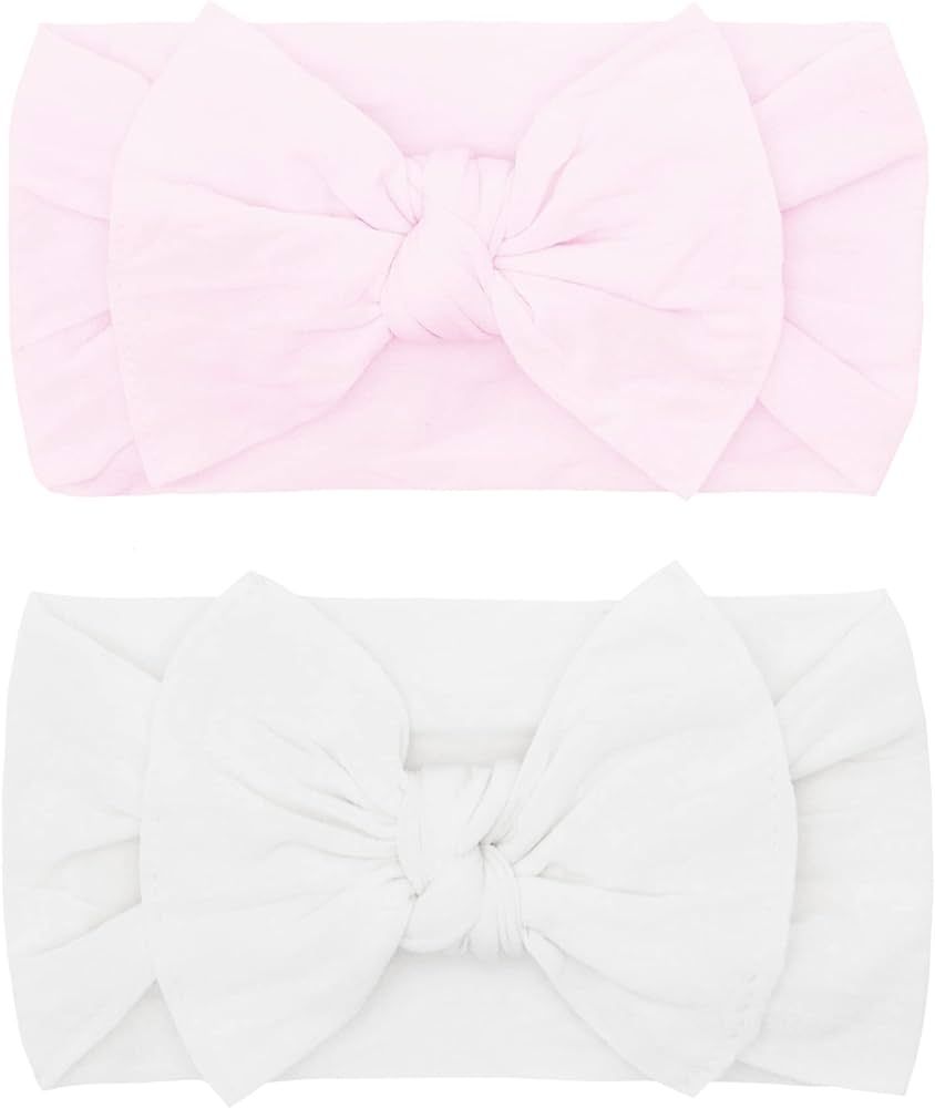 Baby Bling Bows Newborn to Little Girls Hair Bow - Girls Classic Knot Headbands Toddlers Hair Accessories, Made in the USA, One Size (2 Pack - pink & white) | Amazon (US)
