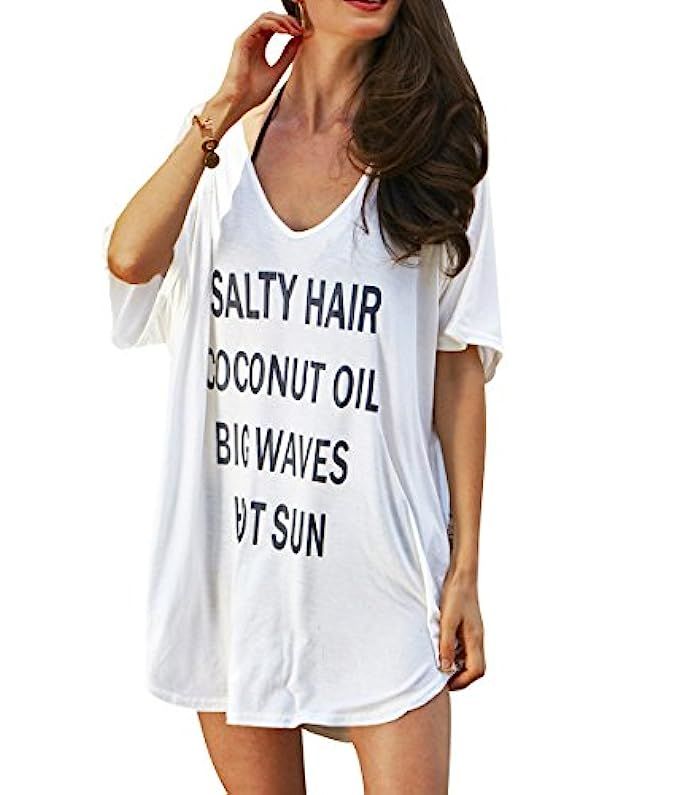 Oryer Womens Letters Print Baggy Swimwear Bikini Cover up Beach Dress T-Shirt | Amazon (US)
