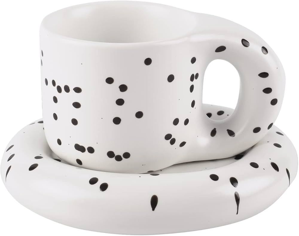 Koythin Ceramic Coffee Chubby Mug Saucer Set, Creative Cute Fat Handle Cup with Saucer for Office... | Amazon (US)