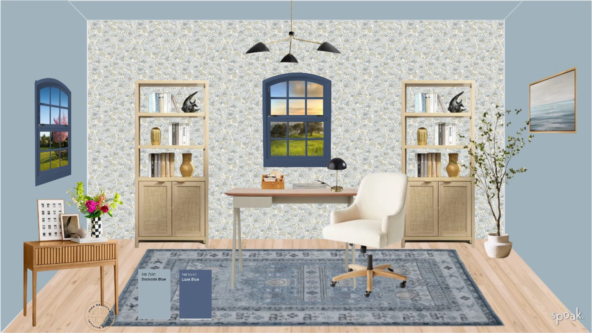 Beautiful Ocean-inspired office space! Affordable bookcase from Walmart, a desk from Blue Dot, a gorgeous oriental Rug on sale from Pottery Barn, a console table from Nathan James. Gorgeous floral wallpaper from Wayfair. 

#LTKhome #LTKsalealert #LTKstyletip