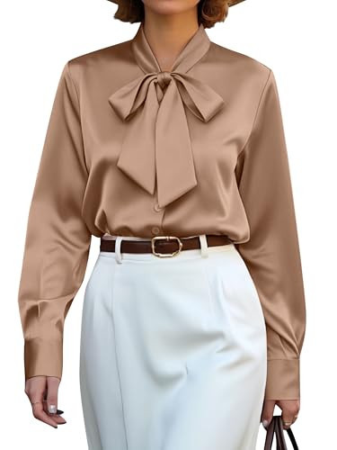 Women's Satin Silk Long Sleeve Button Down Shirt Front Tie Neck Blouse Top Shirts Tunic Tops Business Blouses with Bow Casual Dressy Coffee XS | Amazon (US)