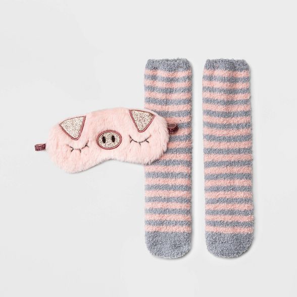 Women's Pig Faux Fur Eye Mask & Cozy Socks Set - Pink/Gray 4-10 | Target