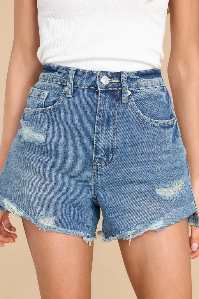Live Again Medium Wash Distressed Denim Shorts | Red Dress 