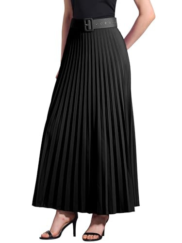 Allegra K Long Pleated Skirt for Women's Elastic High Waist with Belt Swing A-line Work Maxi Skirt Small Black | Amazon (US)