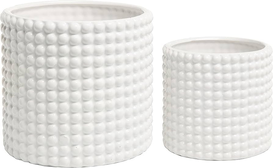 MyGift 6 Inch Ceramic Round Planter Pot, Set of 2 Vintage-Style White Ceramic Flower Pots, Indoor Hobnail Textured Cylindrical Succulent Plant Containers | Amazon (US)
