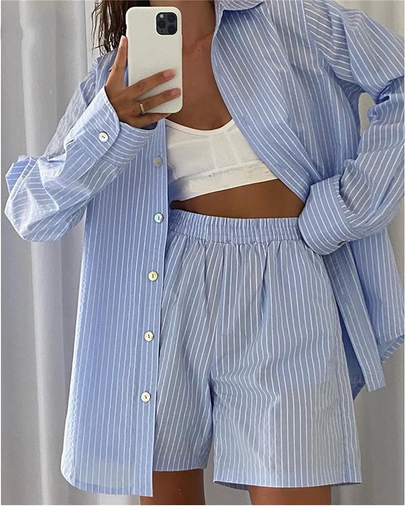 Women's 2 Piece Outfit Stripe Oversized Long Sleeve Shirt Button Tops Shorts Set Casual Loose Tracks | Amazon (US)