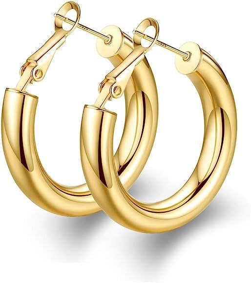 Thick Hoop Earrings Howllow 14K Gold Plated Gold Hoops for Women | Amazon (US)