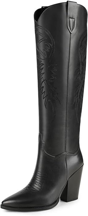 ISNOM Women's Cowgirl Boots Pull On Knee High Boots, Cowboy Western Embroidered Chunky Block Heel... | Amazon (US)