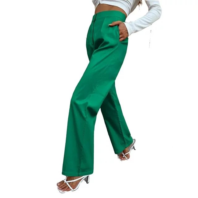 Green Solid Pocket High Waist Women's Suit Pants | Walmart (US)