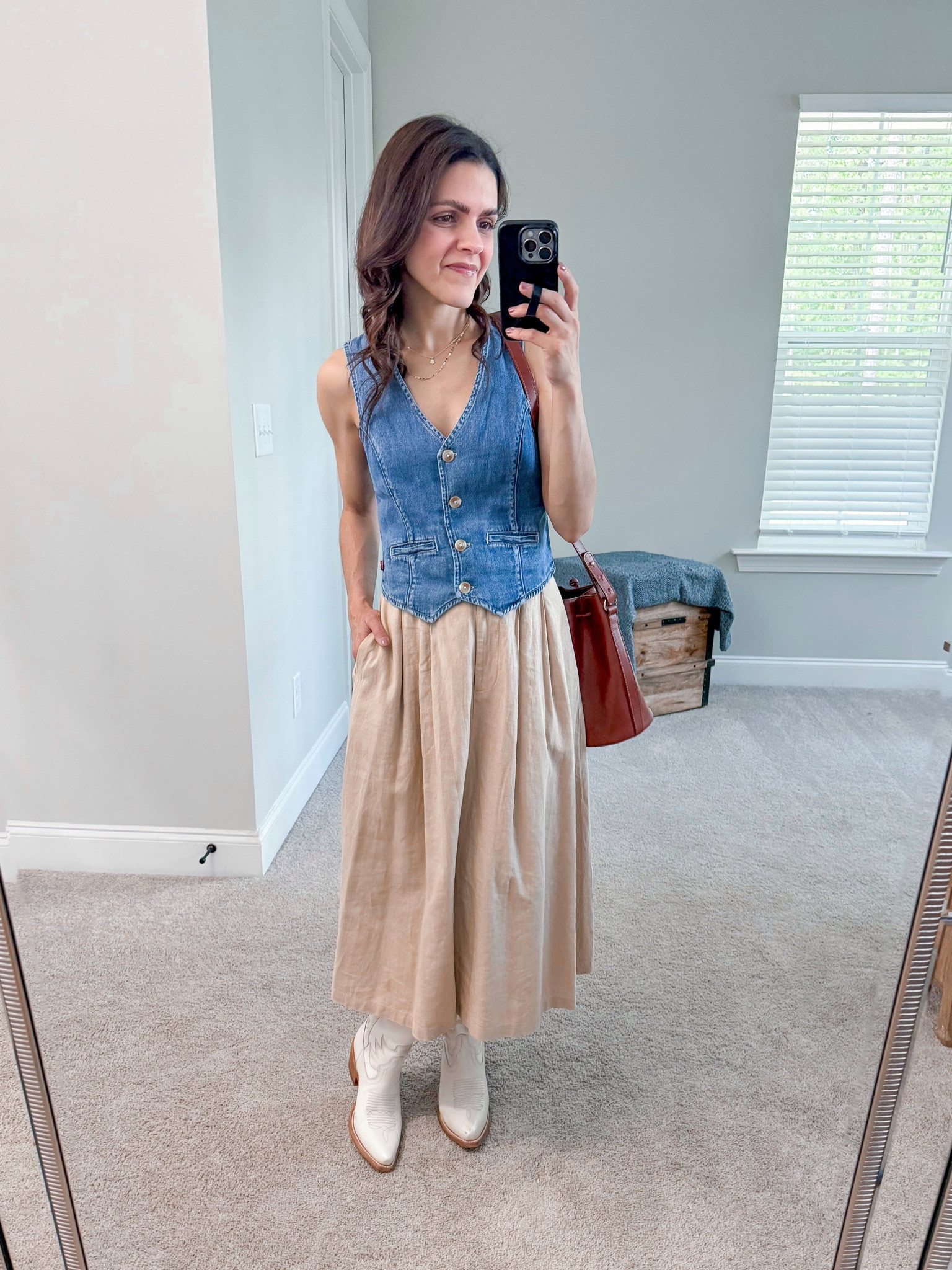 Way to style linen skirt for Summer 
Denim vest: tts
Cowboy boot: tts
Farrow bucket bag  

#LTKStyleTip