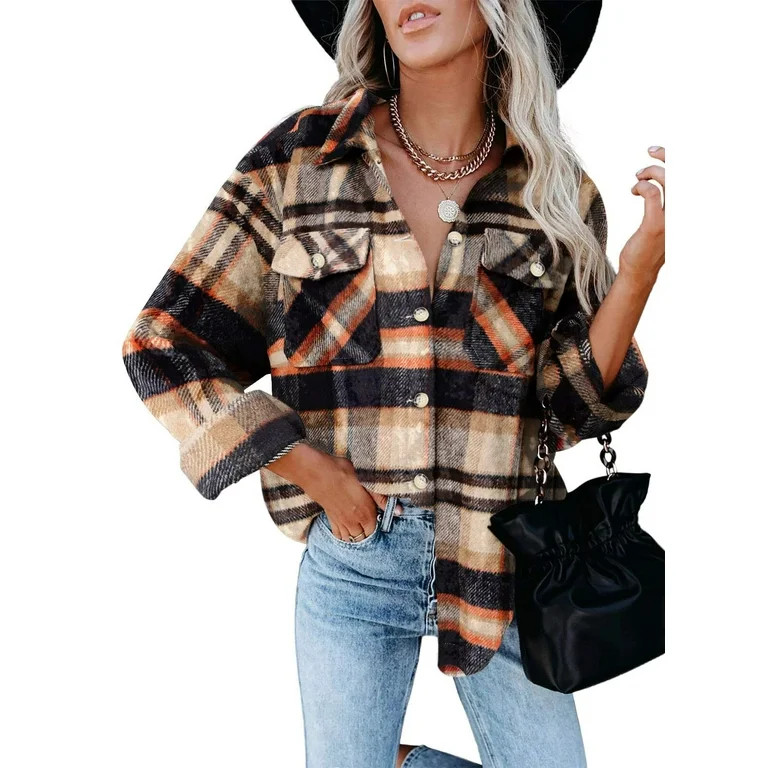 Fantaslook Flannel Shirt Button Down Plaid Shirts for Women Shacket Jacket Long Sleeve Blouses Co... | Walmart (US)