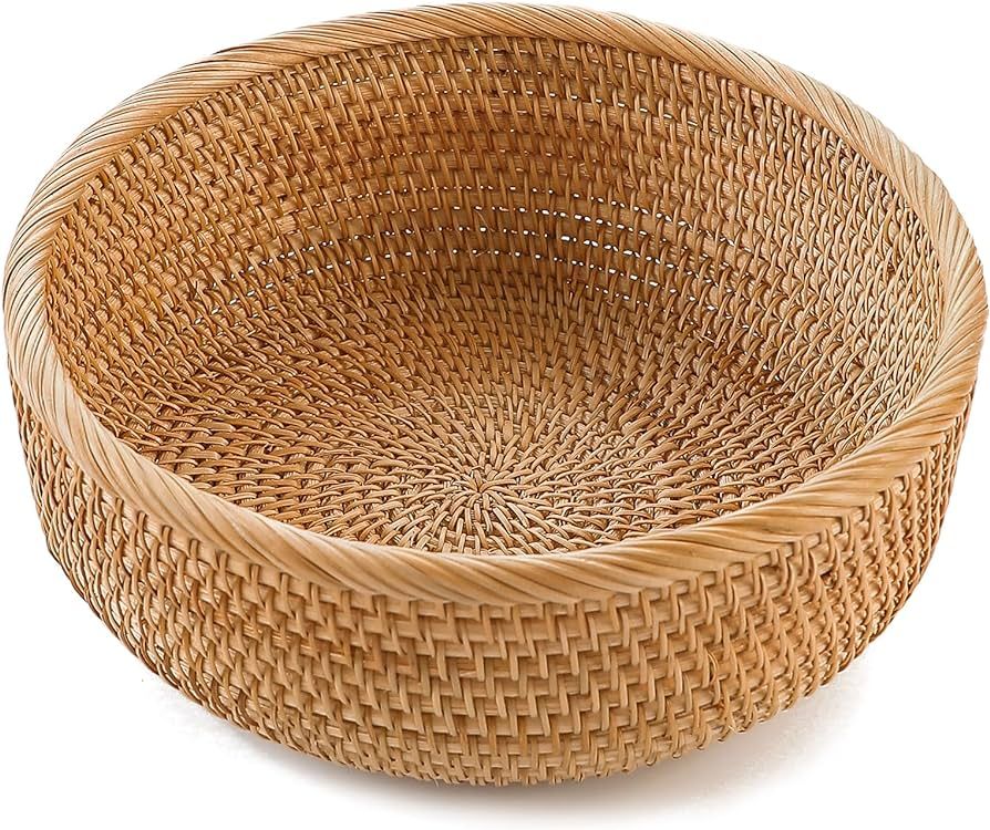 HITOMEN Handmade Rattan Bread Baskets Round Wicker Fruit Serving Storage Bowls, Natural Woven Dec... | Amazon (US)