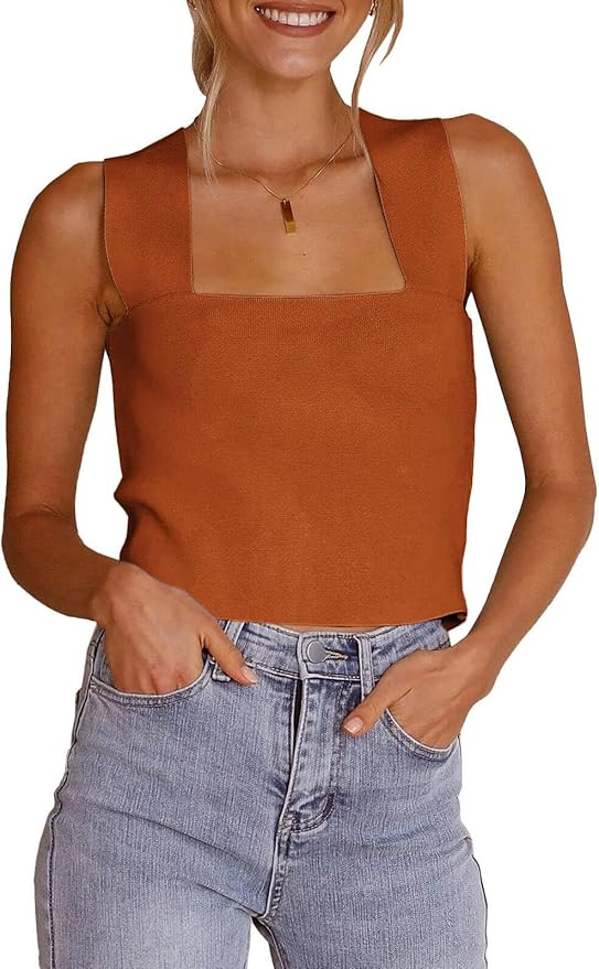 Zwurew Women's Knit Square Neck Tank Tops 2025 Summer Casual Sleeveless Sweater Fitted Shirts Tan... | Amazon (US)