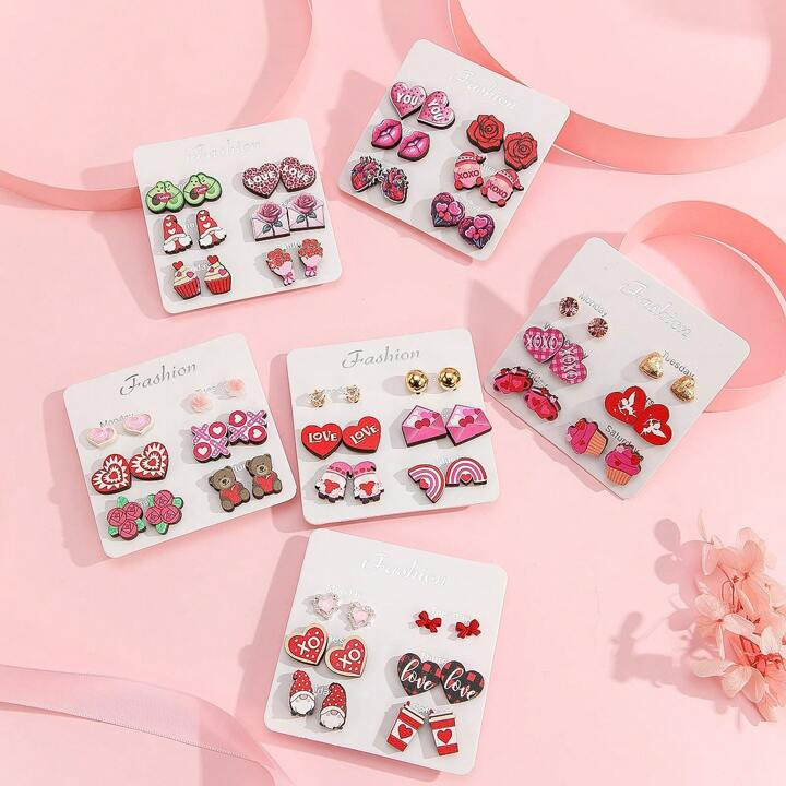 6 Pairs Wood Valentine Heart & Rose Earrings Set With Imitation Zirconia, Gifts For Girlfriend Va... | SHEIN