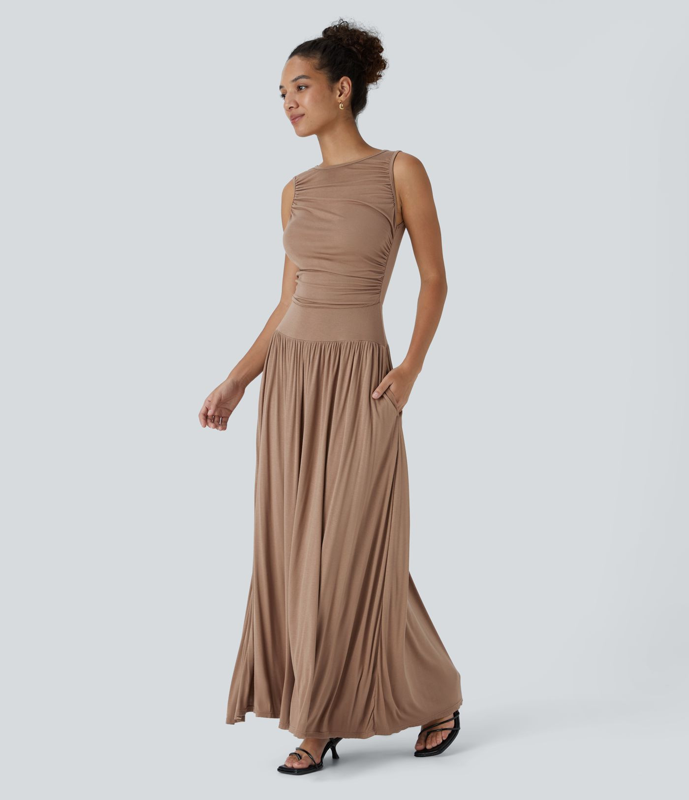 Women\u2019s Ribbed Boat Neck Asymmetric Strap Ruched Pocket Flowy Maxi Casual Dress - Halara | HALARA