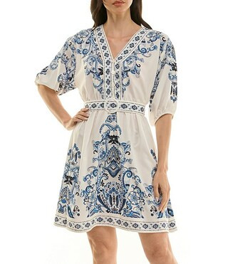 Moda Tara Elbow Sleeve Border Print Stretch Faille Short Dress | Dillard's | Dillard's
