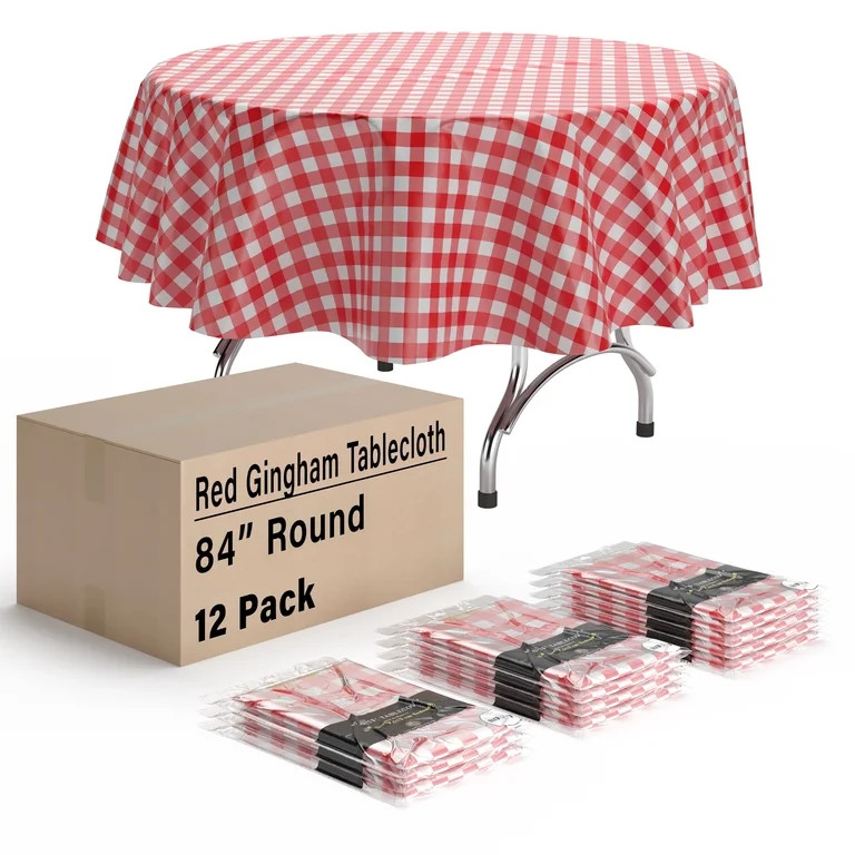 Exquisite 12 Pack Red & White Gingham Checkerboard Disposable Plastic Tablecloth 84 inch. Round | Walmart (US)