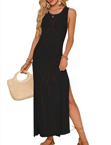 Bsubseach Crochet Cover Up for Swimwear Women Sleeveless Swimsuit Coverup Beach Knit Dress Side Slit Black M | Amazon (US)