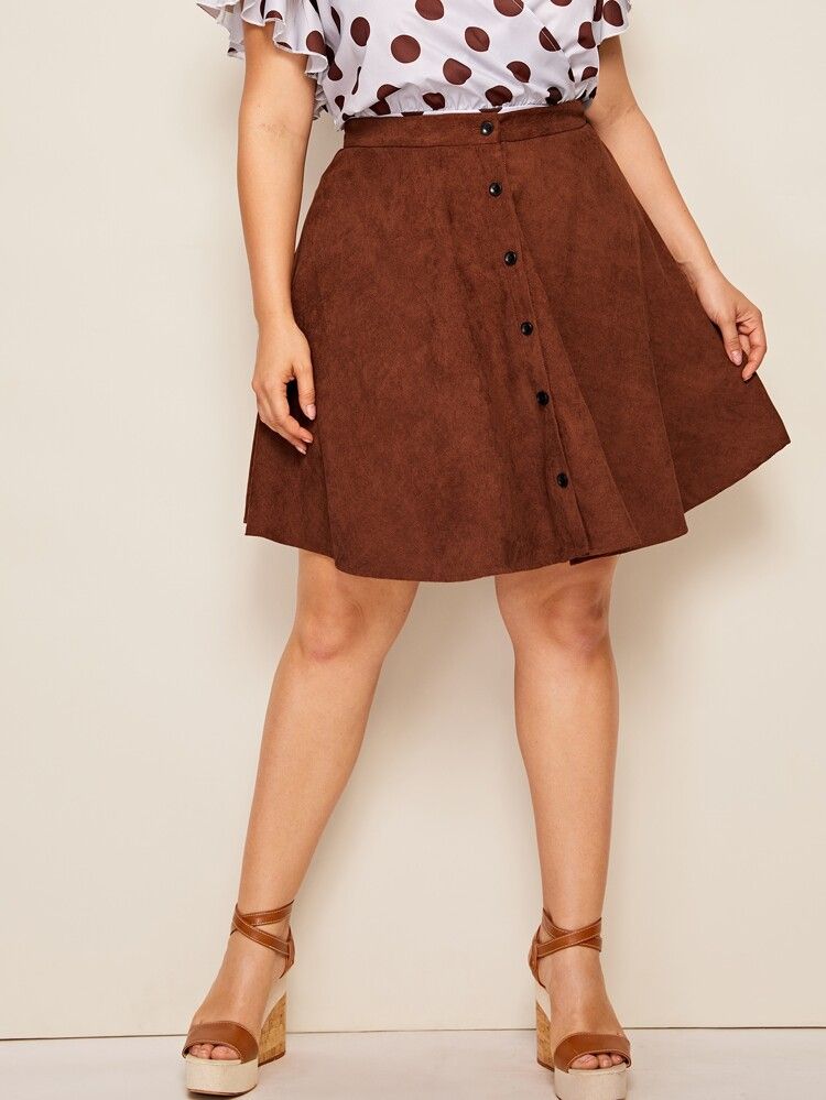 Plus Button Up Corduroy Skirt | SHEIN