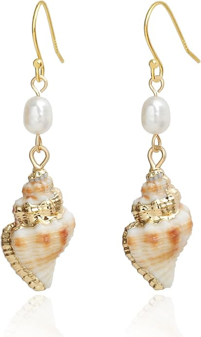 14K Gold Boho Beach Jewelry Ocean Seashell Conch Dangling Earrings for Women, Sterling Silver Hoo... | Amazon (US)