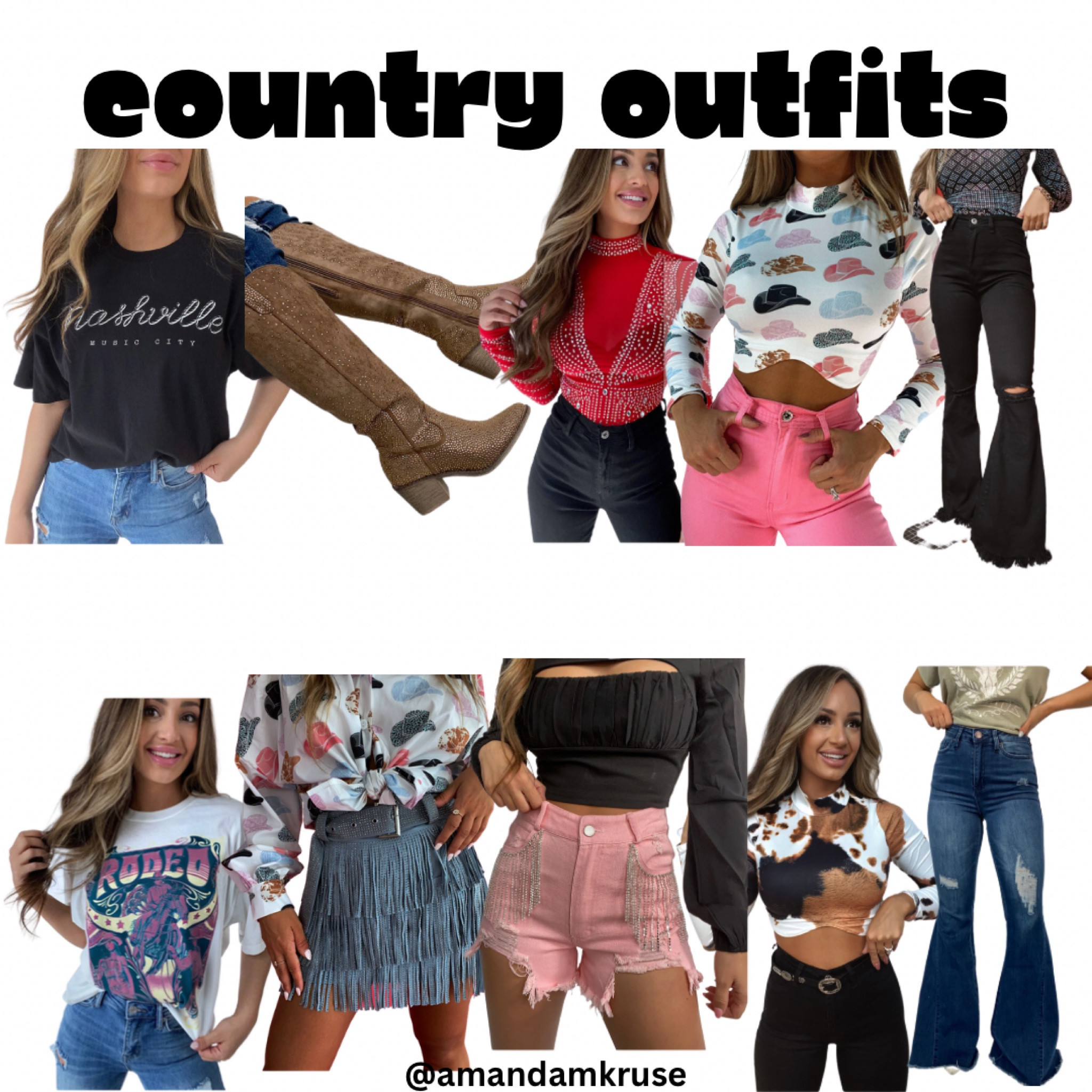 Country concert.
Country outfits.
Graphic tee.
Mesh bodysuit.
Cowgirl boots.
Bell bottom jeans.
Flare jeans.
Fringe skirt.
Rhinestone shorts.


#LTKunder100 #LTKFind #LTKunder50