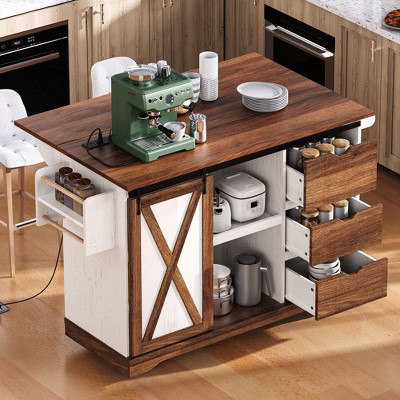 Whisen 55.5" Farmhouse Kitchen Island with Drop Leaf, Barn Door & Charging, Rolling Design - White | Target