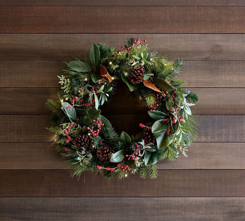 Pre-Lit Faux Pine &amp; Berries Wreath &amp; Garland | Pottery Barn (US)