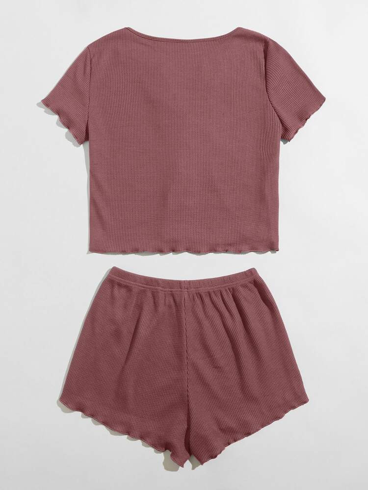 Solid Lettuce Trim Ribbed Lounge Set | SHEIN